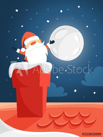 Cute Santa Claus in red clothes waving from chimney
