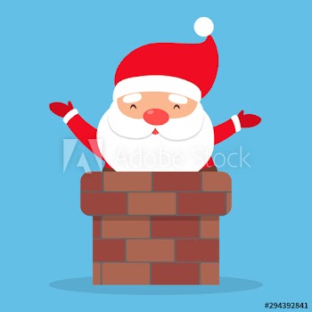 Cute Santa Claus in red clothes waving from chimney