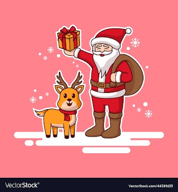 cute santa mascot holding gift and the deer