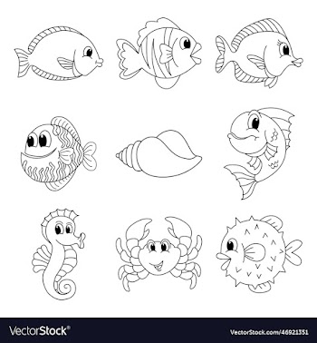 cute sea fish set cartoon coloring page