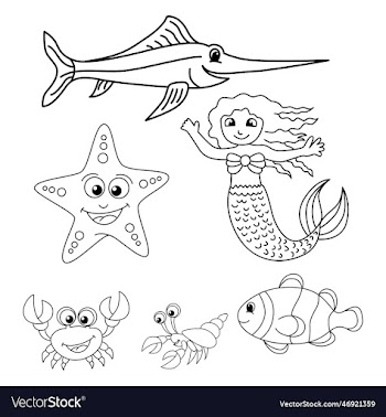 cute sea fish set cartoon coloring page