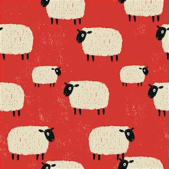 Cute Seamless Pattern of White Sheep with Black Faces on Red Background