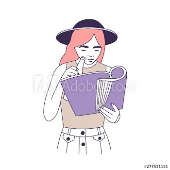 Cute smart girl in hat reading book or magazine and drinking beverage from bottle
