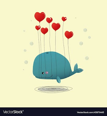 cute smiling whale with heart-shaped balloons