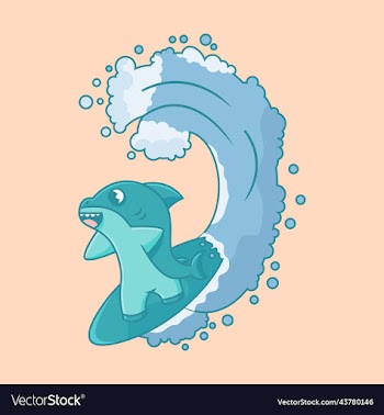 cute surfing shark character with wave