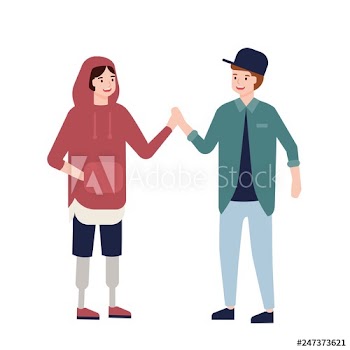 Cute teenage boy with prosthetic legs giving high five to her friend