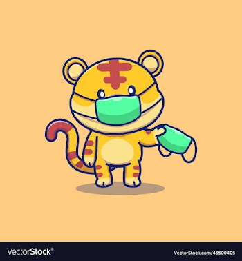 cute tiger wearing and holding medical mask