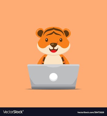 cute tiger working with laptop