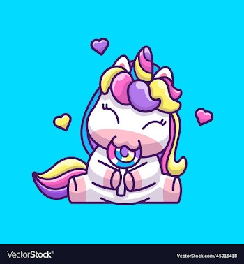 cute unicorn eating lollipop candy cartoon