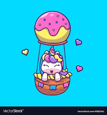 cute unicorn flying with hot air balloon cartoon