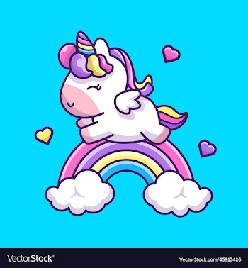 cute unicorn sleeping on rainbow and clouds