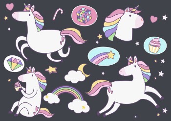 Cute unicorns with magic element stickers vector