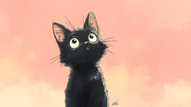 Cute Upright Black Cat with Expressive Anime Eyes