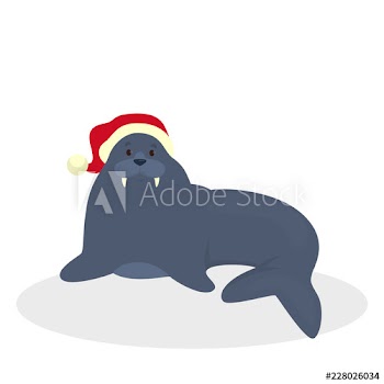 Cute walrus in Santa hat celebrate christmas