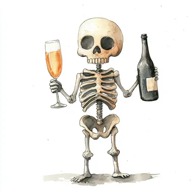 Cute Watercolor Skeleton Celebrating with Champagne