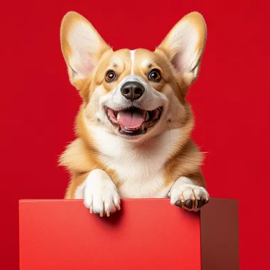 Cute Welsh Corgi Smiling on Red Box - Realistic PNG Image