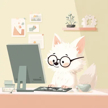 Cute White Fox Illustrating 3D Designs on Computer Cute White Fox Illustrating 3D Designs on Computer