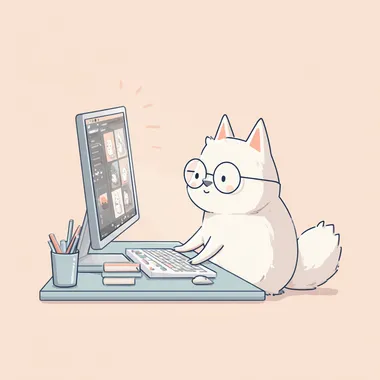 Cute White Fox Working on Computer in Kawaii Style Cute White Fox Working on Computer in Kawaii Style