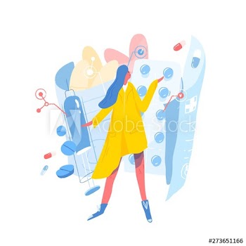 Cute young woman standing against blisters with pills, prescription drugs, tablets or medications