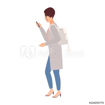 Cute young woman wearing casual clothing, backpack and glasses holding smartphone and texting while walking