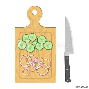 Cutting food on the wooden board with sharp knife