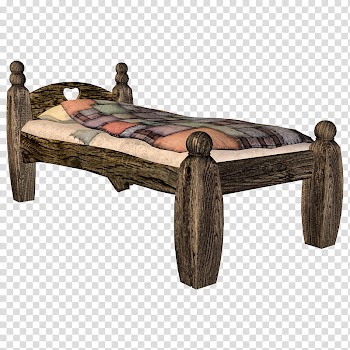 D Beds, brown wooden bed frame with white and black comforter set transparent background PNG clipart