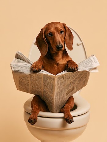 Dachshund Reading Newspaper on Toilet