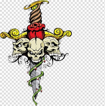 Dagger with three skulls and one rose , T-shirt Skull Illustration, Skull and sword transparent background PNG clipart