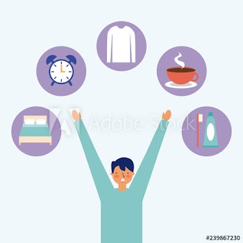 daily activity man hands up coffee clock bed