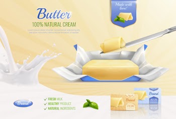 Dairy butter realistic composition as mockup for advertising brand with text fresh milk healthy product natural ingredients Free Vector