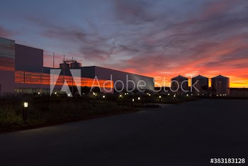Dairy manufacturing plant at dusk