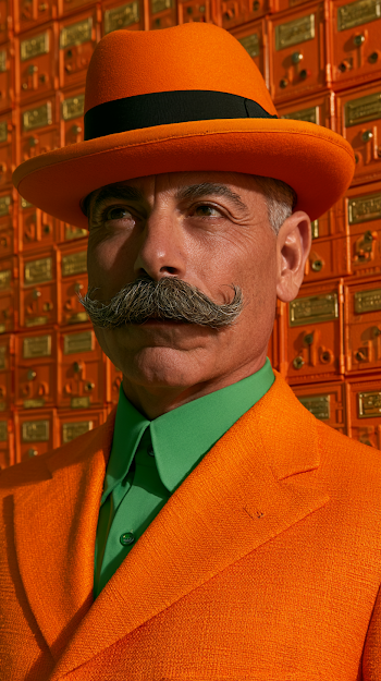 Dapper Man in Orange Suit Against Mailbox Wall