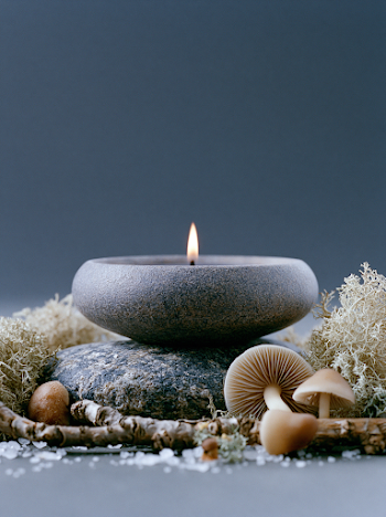 Dark Candle in Textured Ceramic Jar with Natural Elements