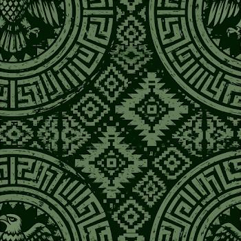 Dark Green Mexico Tribal Pattern with Stylized Bird Emblem