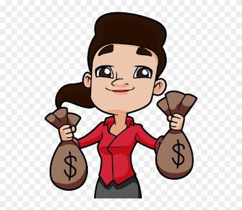Dark Haired Woman Holding Up Two Bags Full Of Money - Cartoon