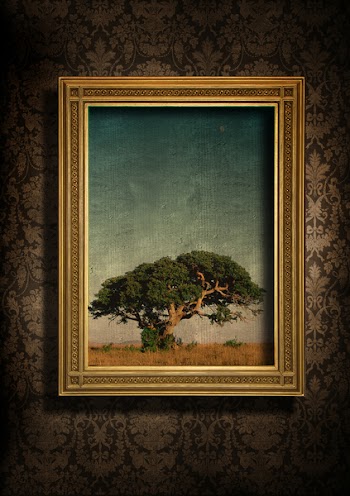 Dark room with grungy tree image in frame