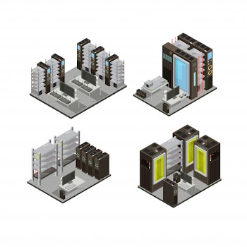Data center isometric compositions including hosting servers for cloud services with workstation for administration isolated vector illustration Free Vector