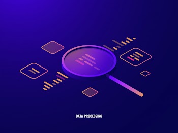 Data processing isometric icon, business analytics and statistics, magnifying glass
