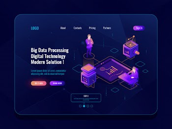 Data visualization concept isometric banner, data analysis, datacenter, dark neon