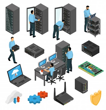 Datacenter equipment isometric set Free Vector