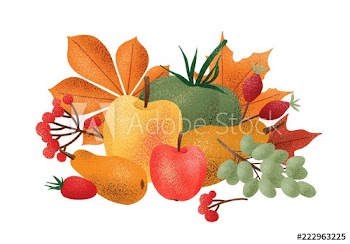 Decorative autumn composition with fresh harvested tasty fruits, vegetables, berries, fallen leaves isolated on white background