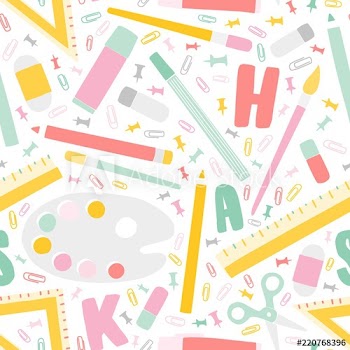 Decorative Back To School seamless pattern with education supplies and alphabet letters scattered on white background
