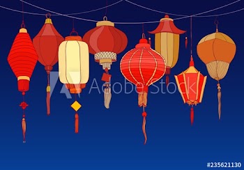 Decorative background with Chinese red paper street lanterns of various shapes and sizes