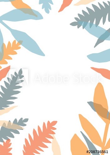 Decorative card template with frame or border made of colorful translucent leaves of forest plants, ferns and herbs on white background
