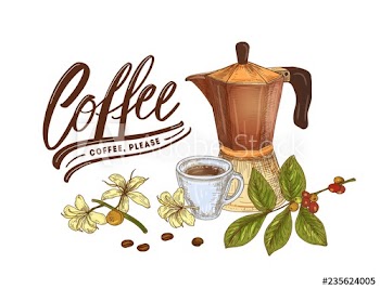 Decorative composition with moka pot, cup, branch of coffee plant, beans and elegant lettering isolated on white background