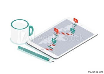 Decorative composition with tablet PC and world map, international exchange market rate graph or Forex currency trading indicators on screen, pen, cup of coffee