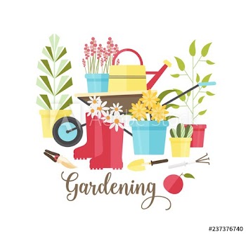Decorative composition with tools and equipment for eco gardening, agricultural work, organic plants cultivation isolated on white background