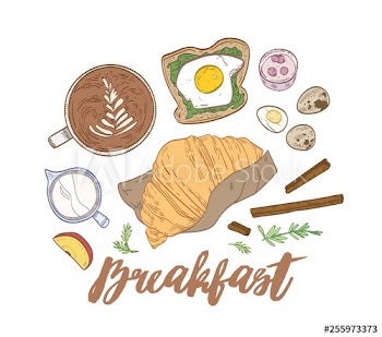Decorative hand drawn composition with appetizing breakfast meals and morning food - croissant, egg sandwich, yogurt, coffee