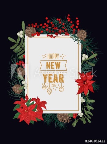 Decorative New Year greeting card or postcard template with conifer branches and cones, mistletoe berries and poinsettia leaves