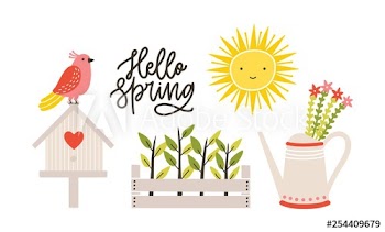 Decorative postcard template with Hello Spring phrase handwritten with cursive font, seedlings in crate, watering can full of flowers, bird sitting on nesting box and sun